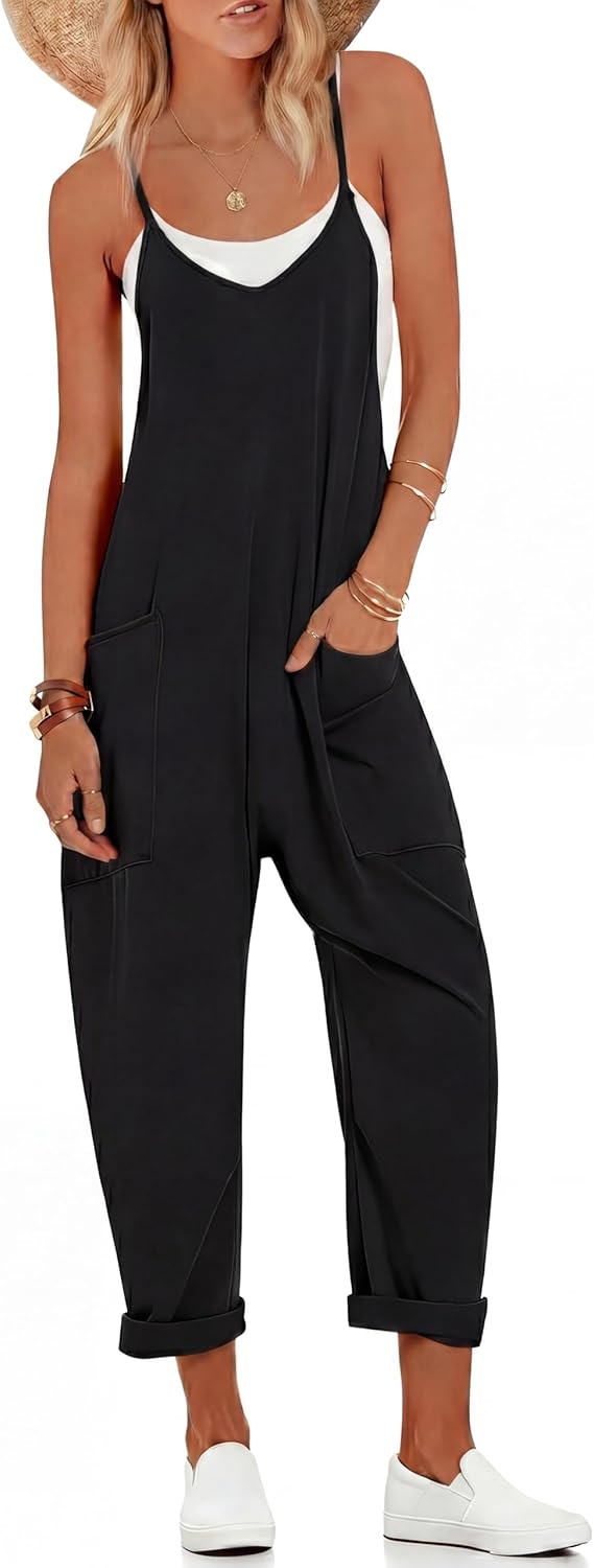 Ekouaer Womens Jumpsuit Sleeveless Casual Summer Overalls Jumpers Spaghetti Strap Baggy Long Pants Rompers with Pockets