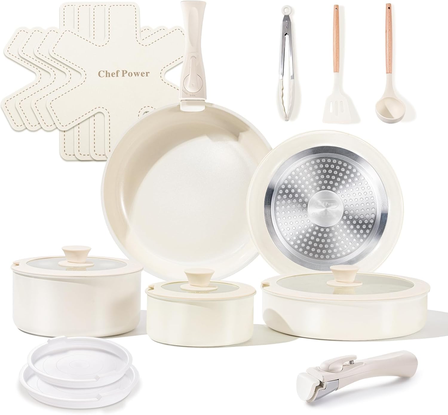 Chef Power Ceramic Cookware Set Non Toxic with Detachable Handles, Healthy Nonstick Pans and Pots Set 19 Pcs, Induction Dishwasher Oven Safe Kitchen Set, PFAS PFOA &amp; PTFE Free, Cream White