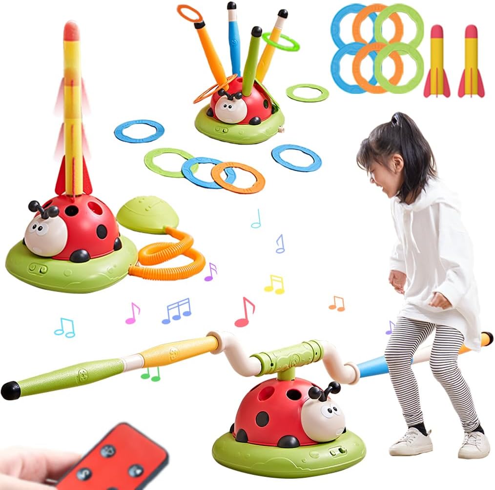 Pobaiyi 3 in 1 Musical Jump, Toss Ring Game and Stomping Launch Rocket Launcher for Kids Outdoor Toys with Remote Control, Indoor Outside Toy for Kids Ages 4-8 Toys for Ages 5-7 8-13 Birthday Gifts