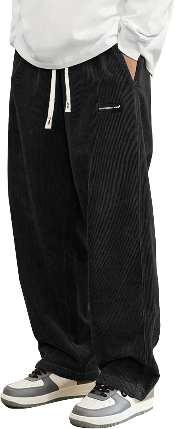 Hidkat Mens Corduroy Casual Pants Fashion Loose Fit Wide Leg Pants Straight Sweatpants Elastic Waist Drawstring