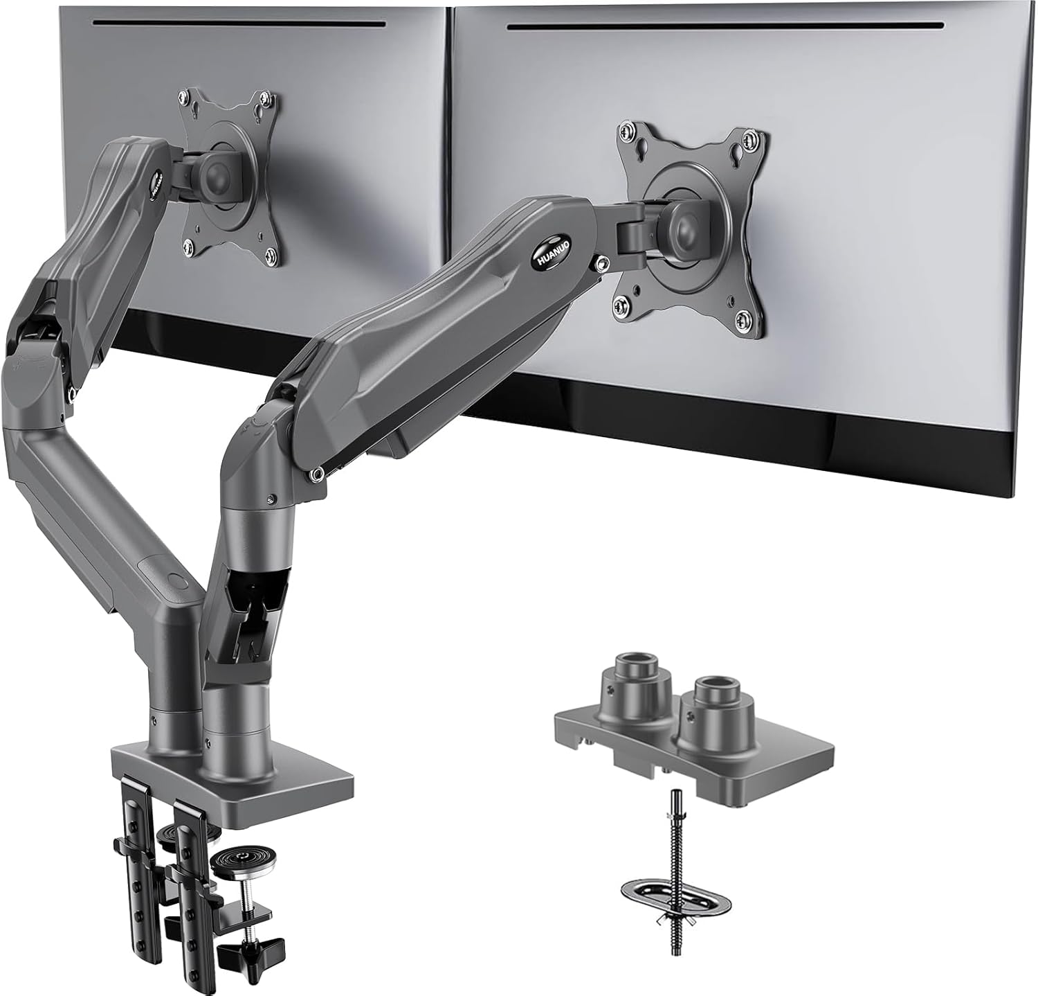 HUANUO Dual Monitor Stand, Fully Adjustable Monitor Desk Mount for 13\u201332\u2033 Computer Screens, Full Motion VESA 75x75\/100x100 with C-Clamp &amp; Grommet Base, Each Arm Holds 4.4 to 19.8 lbs -G