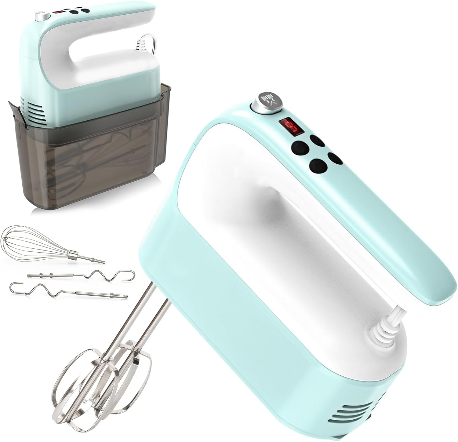 Yomelo 9-Speed Digital Hand Mixer Electric, 400W Powerful DC Motor, Hand Mixer Electric Handheld with Snap-On Storage Case, 5 Stainless Steel Accessories, Beaters, Dough Hooks, Whisk(Ice Blue\/White)
