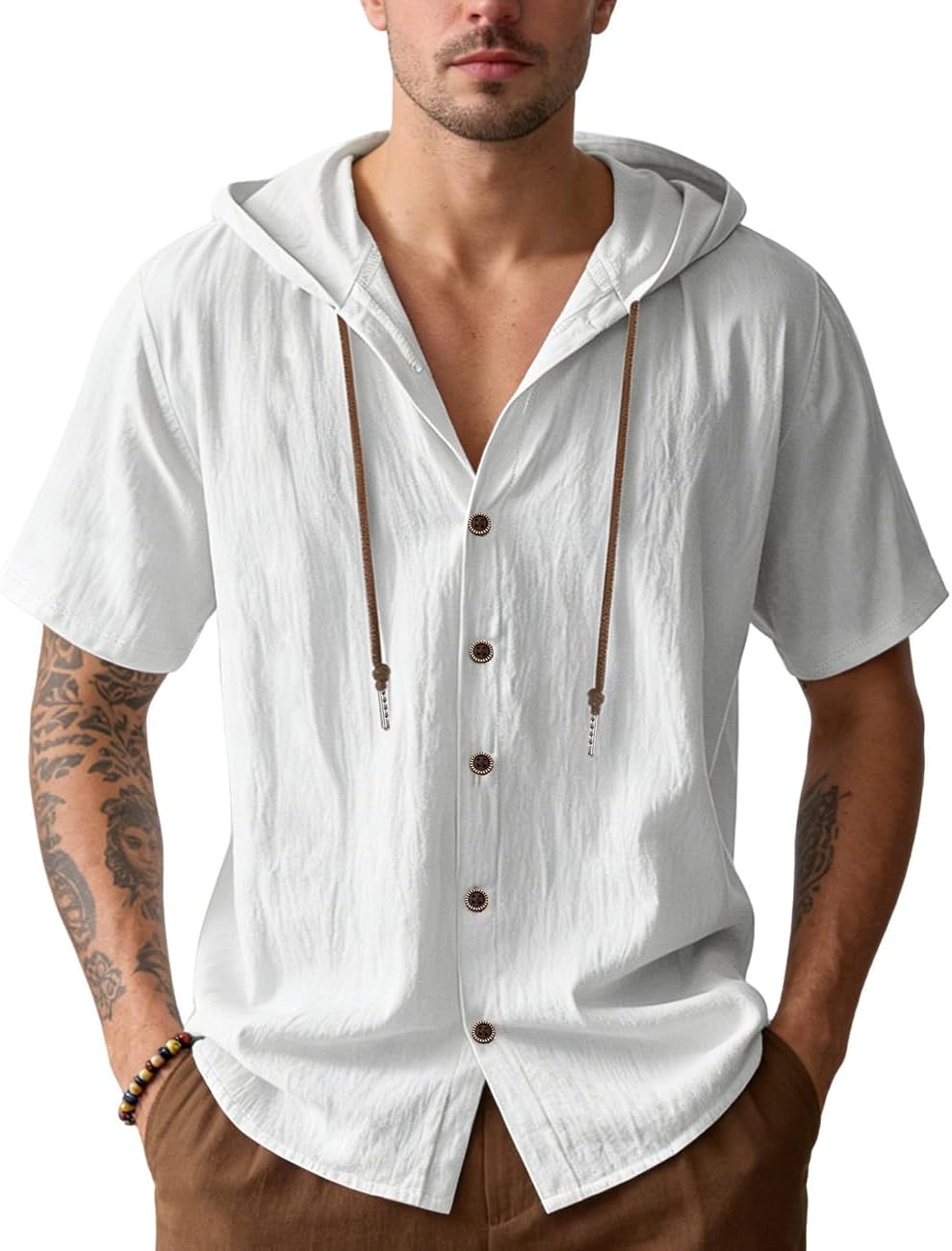 QOSOQ Men's Cotton Linen Shirts Short Sleeve Casual Sweatshirts Button Down Summer Beach Wedding Shirts with Hoodies