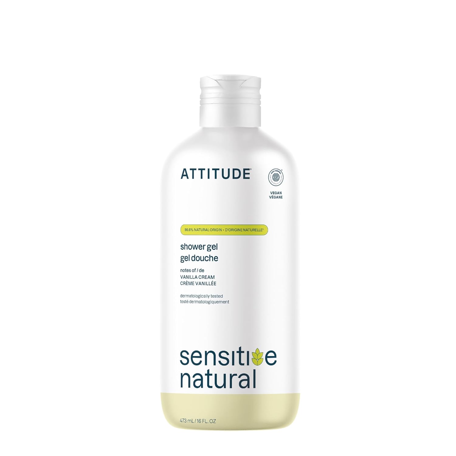 ATTITUDE Body Wash for Sensitive Skin, EWG Verified Shower Gel, Soothing Oat, Dermatologically Tested, Plant and Mineral-Based, Vegan Personal Care, Vanilla Cream Scent, 16 Fl Oz