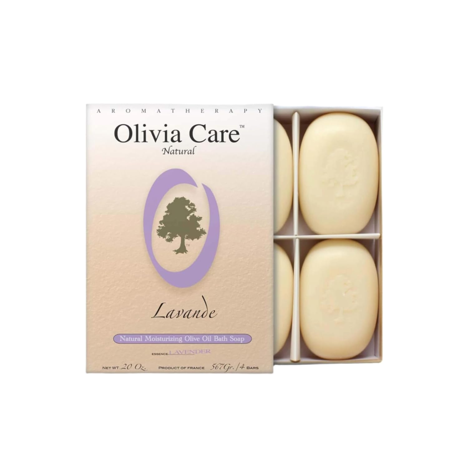 Olivia Care Lavender Bar Soap-4 pack box set - 100% Natural Ingredients, Organic, Vegan - For Face &amp; Body, Cold-pressed Triple-Milled, Hydrating, Moisturizing, Infused Calcium &amp; Vitamins - 4 X