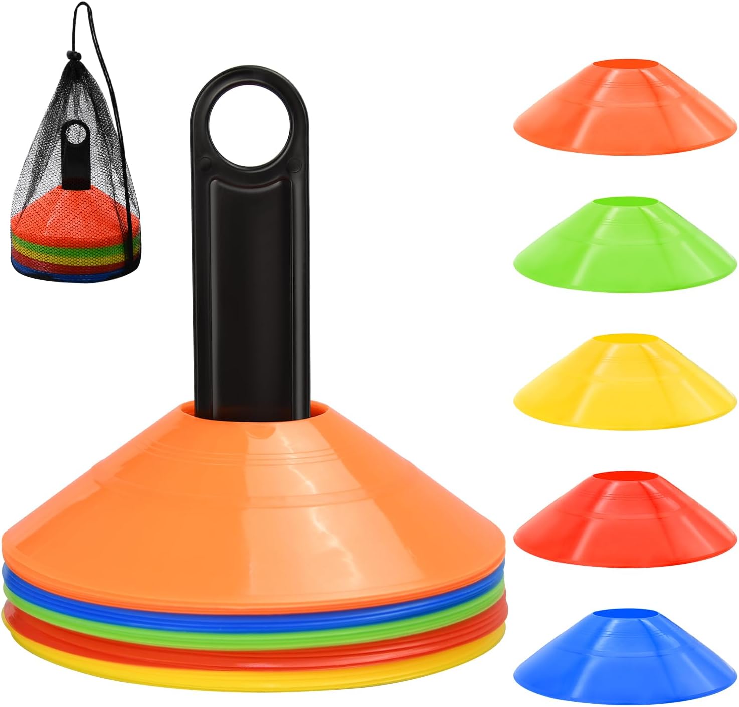 FGBNM 25\/50\/100pcs Disc Cones, Agility Soccer Cones with Carry Bag and Holder, Soccer Cones for Sports Training, Football, Soccer, Basketball, Coaching, Practice Equipment, 5 Color