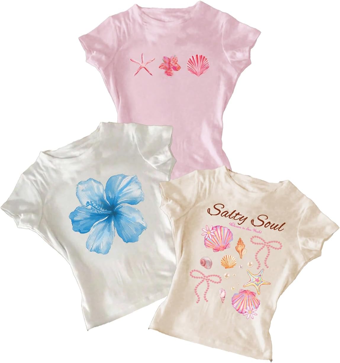 RoseSeek Girl's Shirts 3 Packs Graphic Tees Vacation Hibiscus Top Crewneck Short Sleeve Cute Tops Summer Slim Fit T Shirt