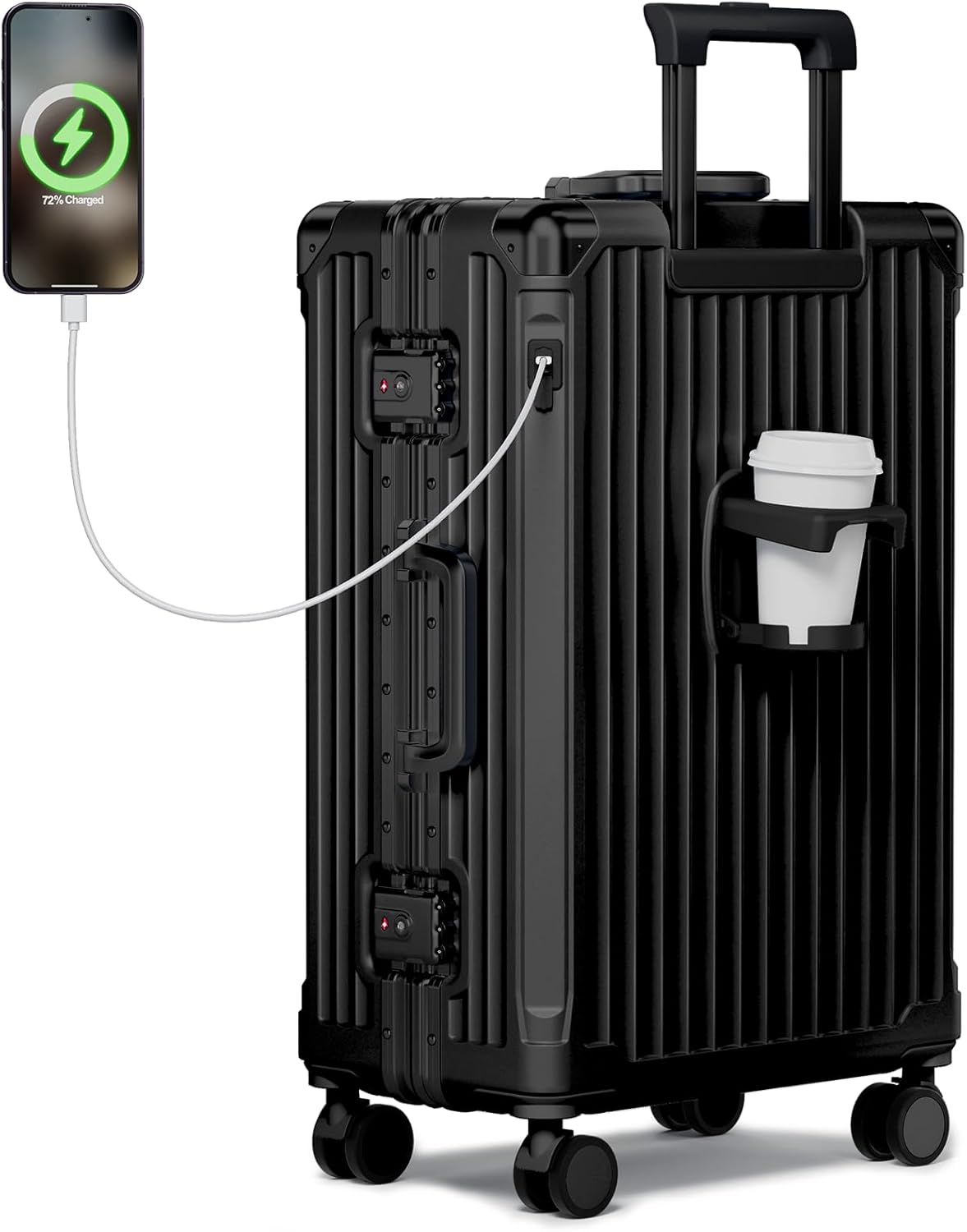 Krute No Zipper Carry On Luggage 20 Inch Suitcase with Wheels PC Aluminum Frame Luggages with Cup Holder and Charger Hard Side TSA Approved Travel Suitcases