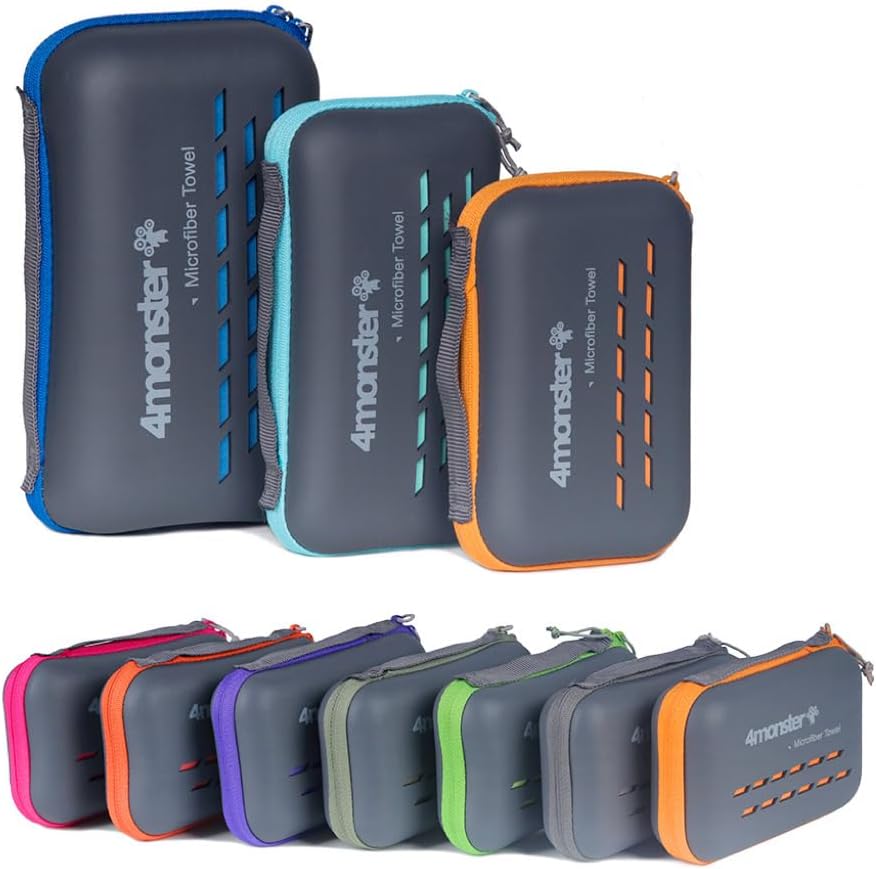 4Monster Quick Dry Travel Towel with Case &amp; Carabiner \u2013 Super Absorbent Microfiber Gym &amp; Camping Towel. Compact, Lightweight, Fast Drying for Beach, Swimming, Hiking, Backpacking