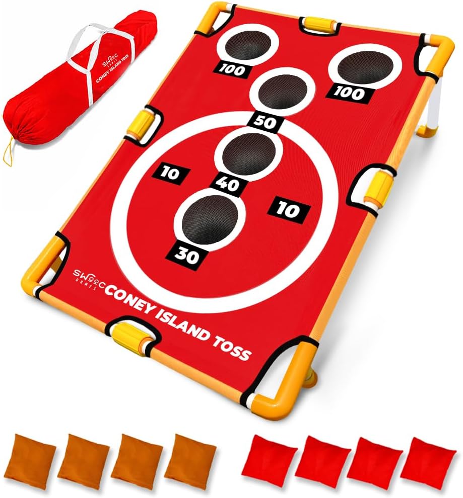 Swooc Games - Coney Island Toss™ - Arcade Style Cornhole Board Set w\/Carrying Case &amp; 15+ Games - Corn Hole Games for Adults - Kids Bean Bag Toss Game - Kids Cornhole Set w\/Bags - Outdoor Yard Ga