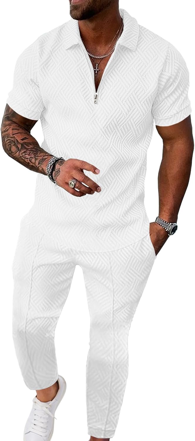 UOUA Mens Sweat Suits Set Tracksuit 2 Piece Outfits Short Sleeve Casual Sweatshirt &amp; Loose Jogging Pants