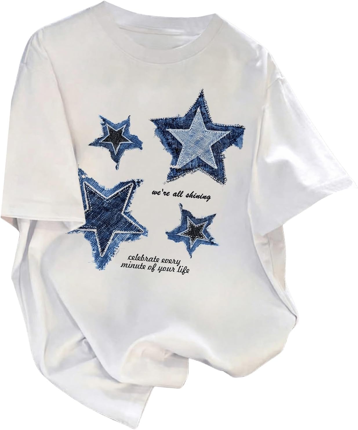 RoseSeek Girl's Graphic Drop Shoulder Star Print Tee Tops Short Sleeve Crew Neck Summer Shirts