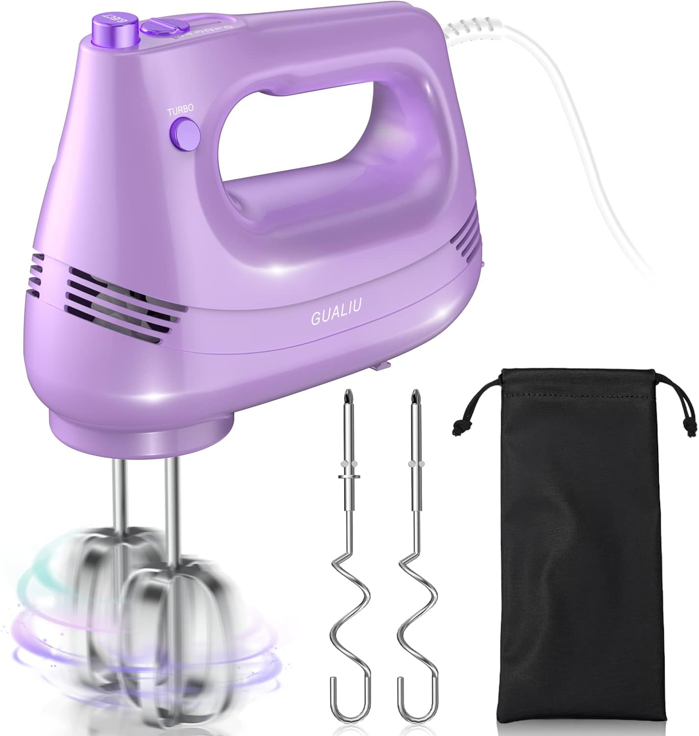 Electric Hand Mixer with Stainless Steel Whisk, Dough Hook Attachment and Storage Bag, Handheld Mixer for Baking Cakes, Eggs, Cream Food Mixers. Turbo Boost \/5 Speed Kitchen Blender PURPLE