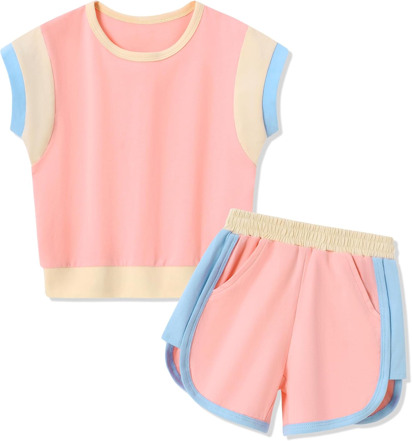 SANMIO Toddler Girl Clothes Summer Toddler Girls Color Block Short Sleeve Shorts Sweatsuit Outfits 2 Piece Clothing Set