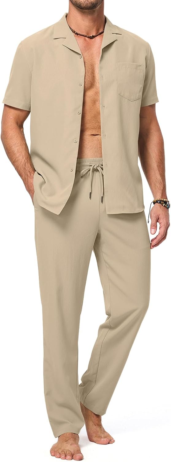 JMIERR Men Texture 2 Piece Outfit Short Sleeve Lightweight Beach Button Down Shirt Casual Pant Sets with Pocket