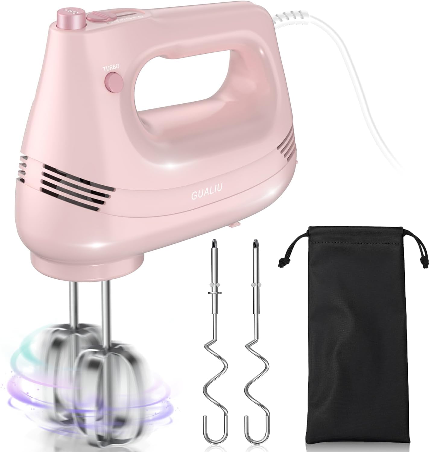 GUALIU Electric Hand Mixer with Stainless Steel Whisk, Dough Hook Attachment and Storage Bag, Handheld Mixer for Baking Cakes, Eggs, Cream Food Mixers. Turbo Boost \/5 Speed Kitchen Blender PINK