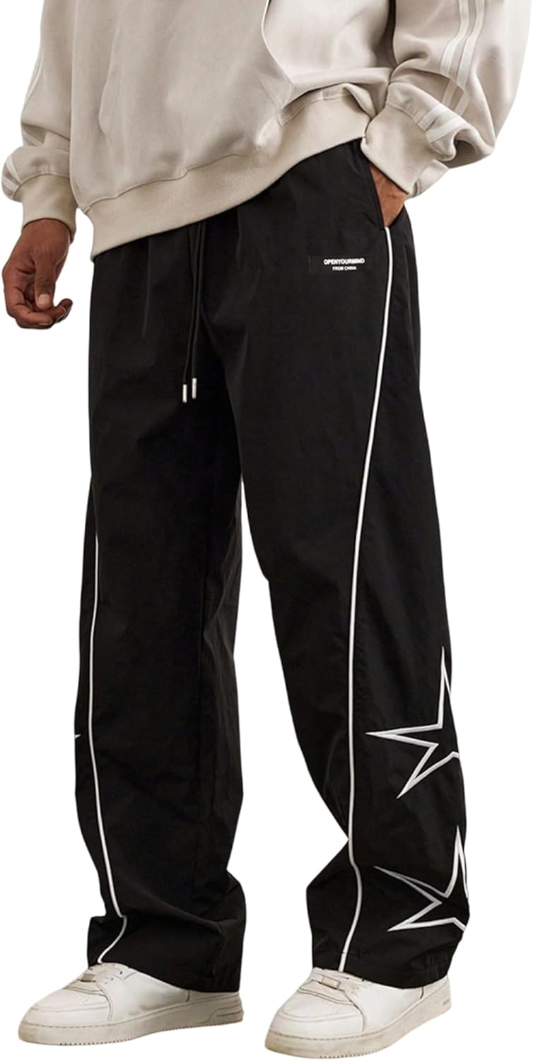 ZAFUL Mens Printed Lightweight Casual Pants Y2K Sweatpants Drawstring Dance Pants Baggy Fashion Straight Leg Pants