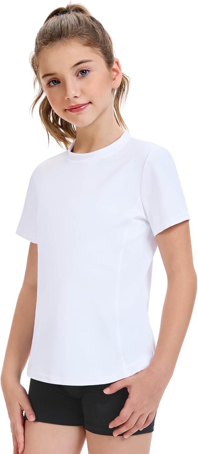 HASMES Girls Athletic Shirts Short Sleeve Active T-Shirts,Basic Tee Tops,Sports Activewear for Kids