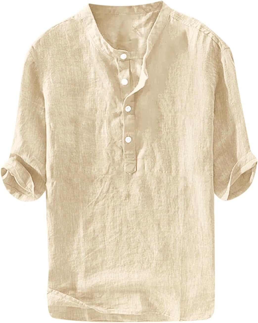 Ryannology Mens Linen Shirts Casual Cotton 3\/4 Sleeve Regular-Fit Henley T-Shirt Summer Lightweight Beach Yoga Tops