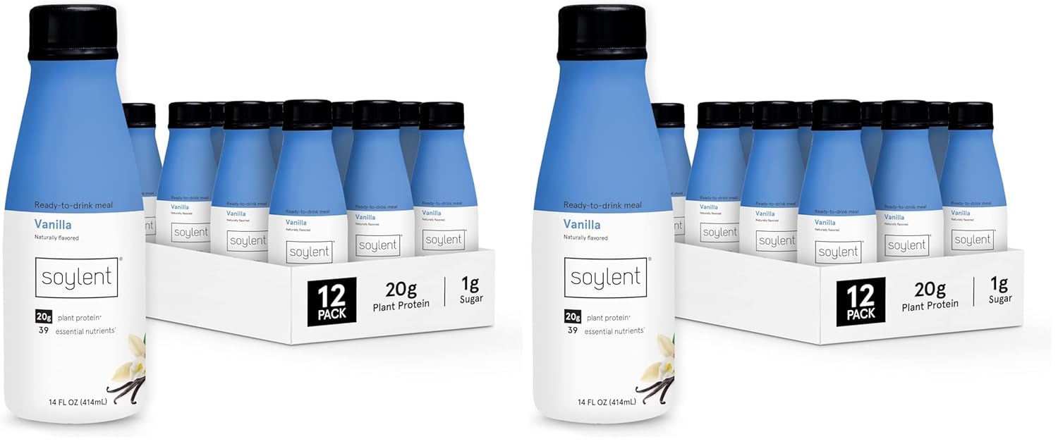 Soylent Vanilla Meal Replacement Shake,Ready-to-Drink Plant Based Protein Drink,Contains 20g Complete Vegan Protein and 1g Sugar,14oz,(Pack of 24)