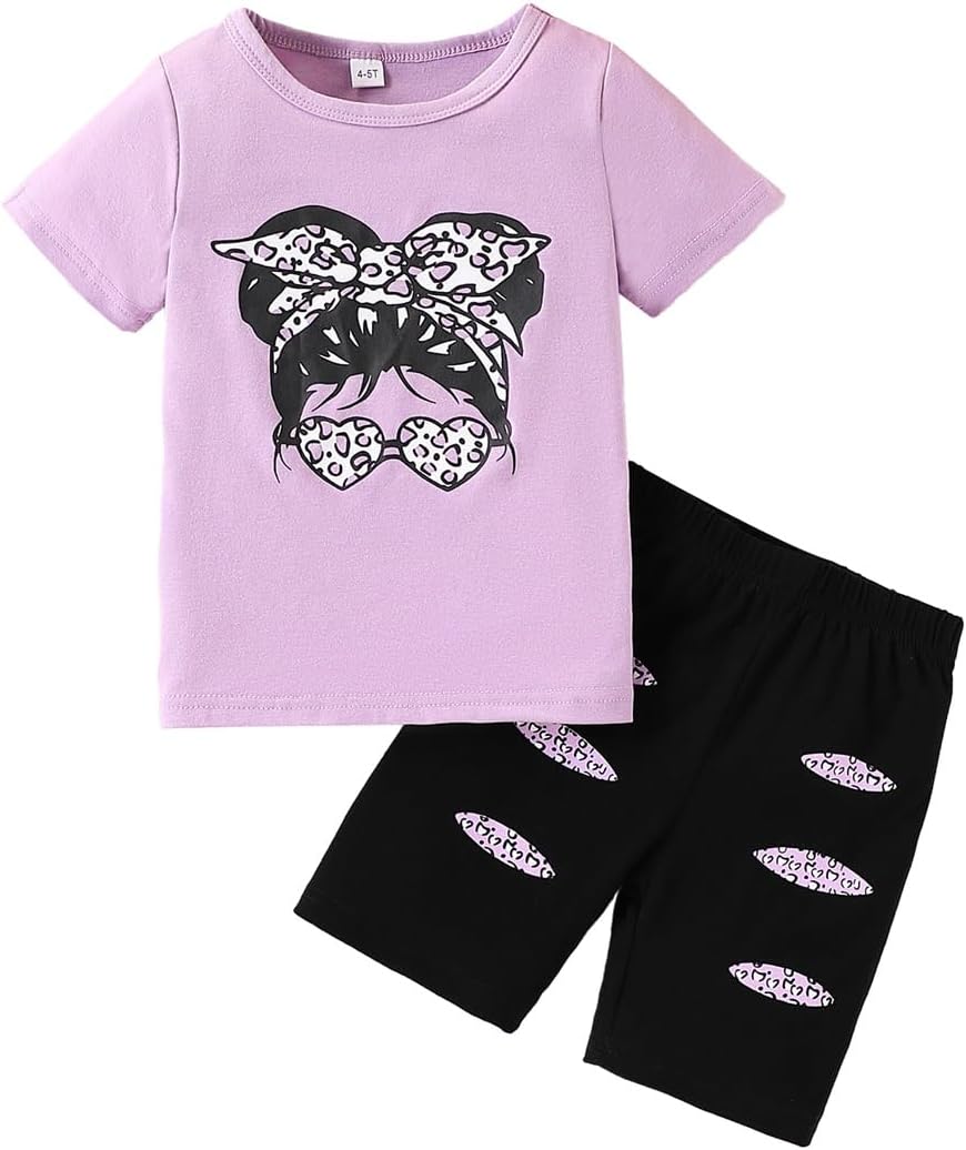 OLMRJKD Kid Toddler Girl Clothes Summer Short Sleeve Figure Graphic Tee Shirt + Shorts Summer Outfits Set