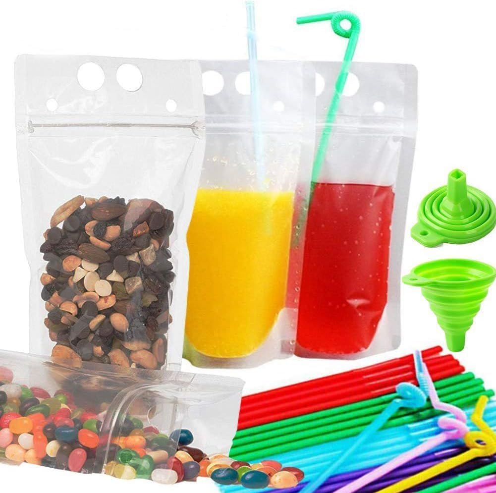 100PCS Drink Pouches for Adults with Straws, Reusable, Reclosable Zipper Smoothie Bags for Cold &amp; Hot Drinks with 100 Straws &amp; Silicone Funnel