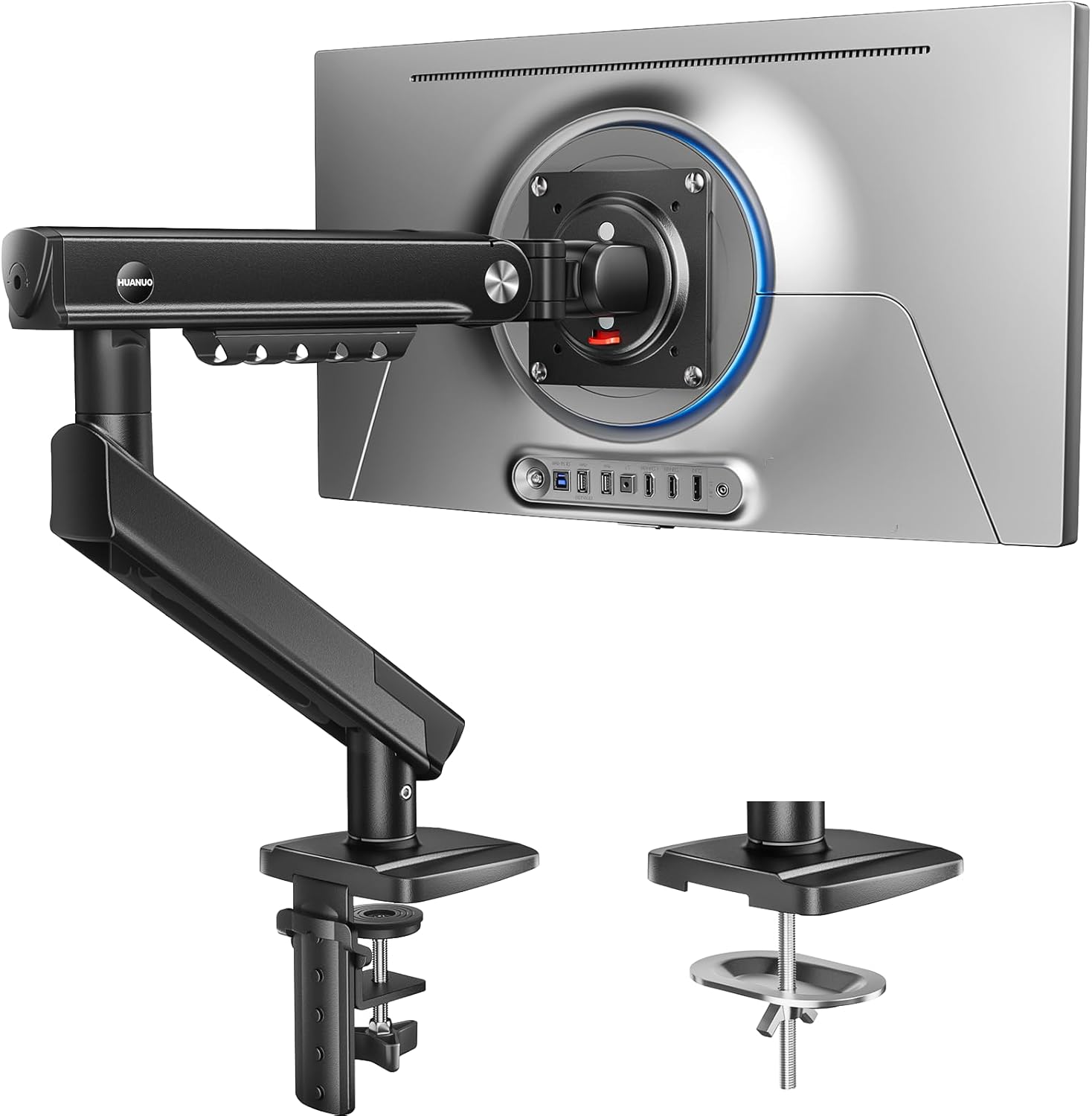 HUANUO FlowLift™ Pro Monitor Arm for 13\u201332" Screens, MechaSpring Monitor Mount, Fully-Adjustable Monitor Stand with Tilt\/Swivel\/Rotation, Tool-Free VESA Mount, C-Clamp\/Grommet Base, Max Lo