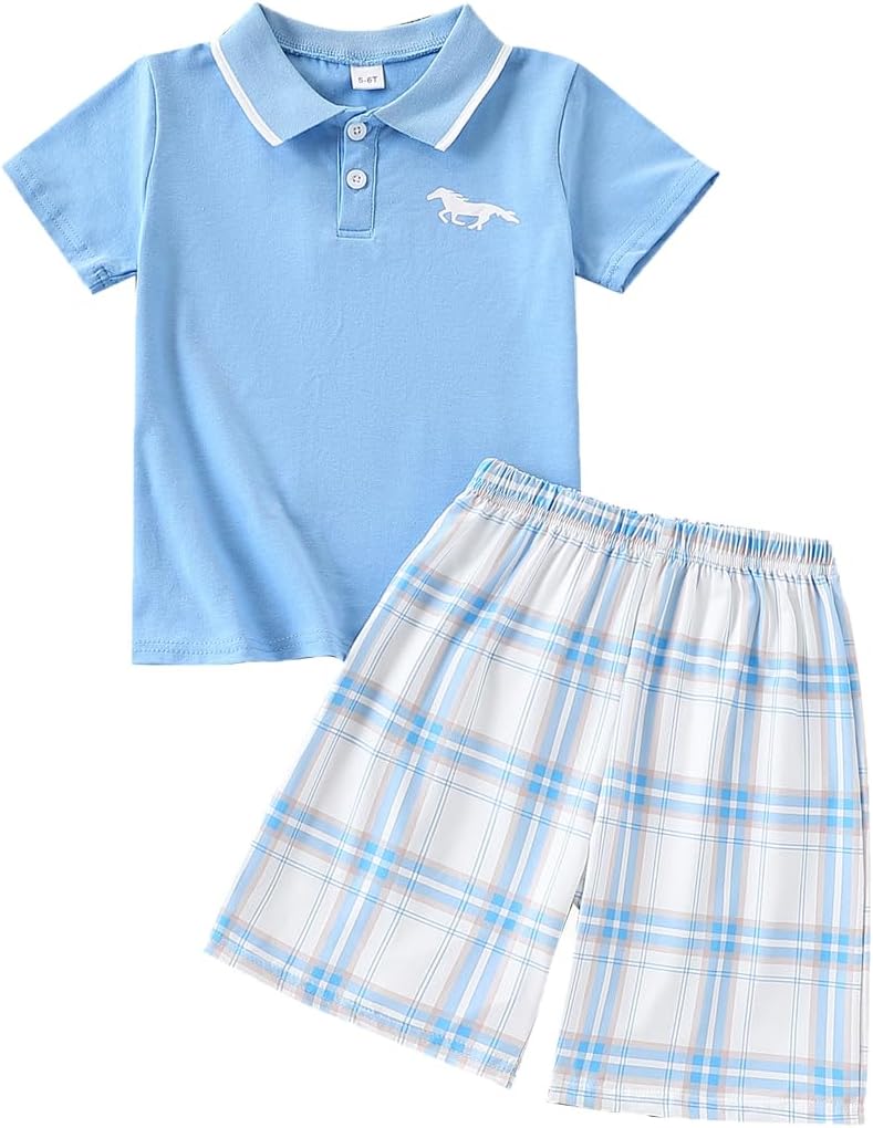 Afsmlys Kids Tween Boy Clothes Casual Short Sleeve Polo Shirt + Plaid Print 2Pcs Shorts Summer Clothing Set