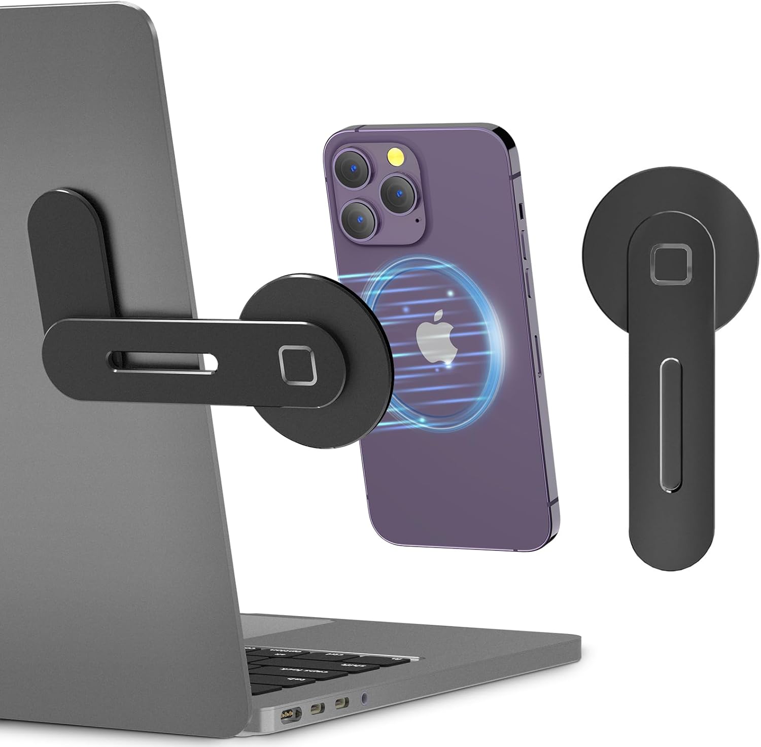 CloudValley Adjustable Laptop Stand, Magnetic Phone Holder, Aluminum Slim Computer Monitor Side Mount Clip for iPhone MagSafe Series &amp; All Phones, Portable Foldable Computer Expansion Bracket, Bla