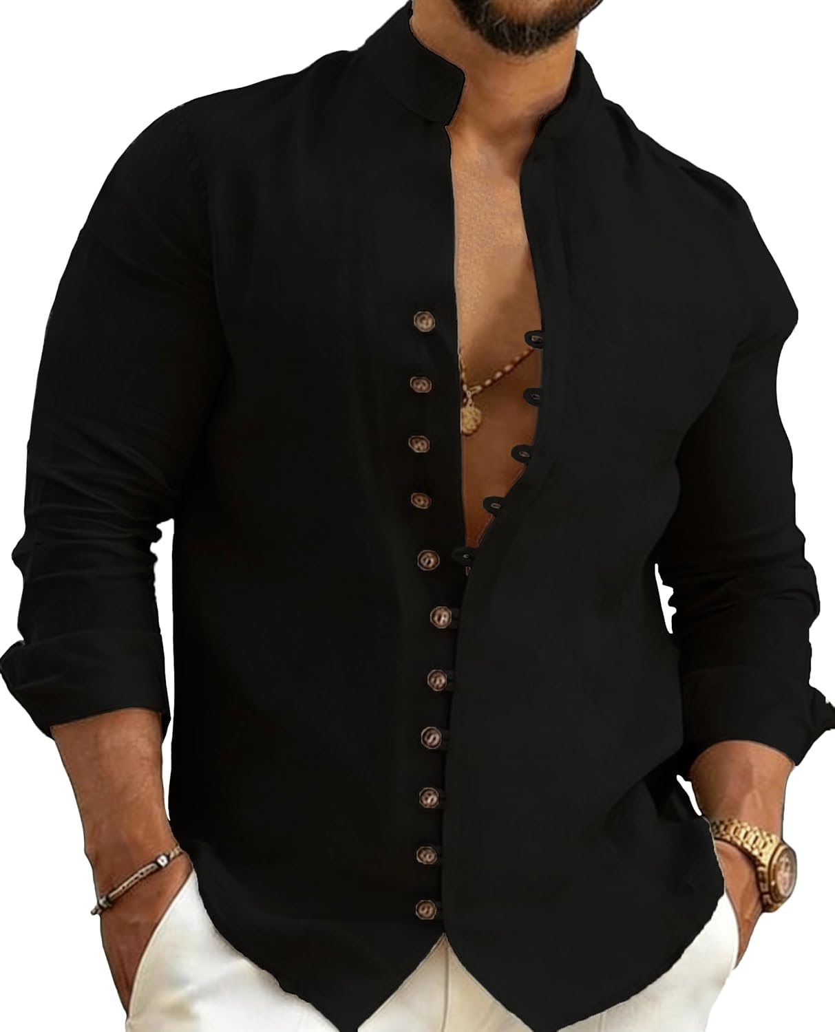 Mens Long Sleeve Shirt Button Down Loose Fit Vintage Shirts Banded Collar High Elastic Tops Henley Shirt