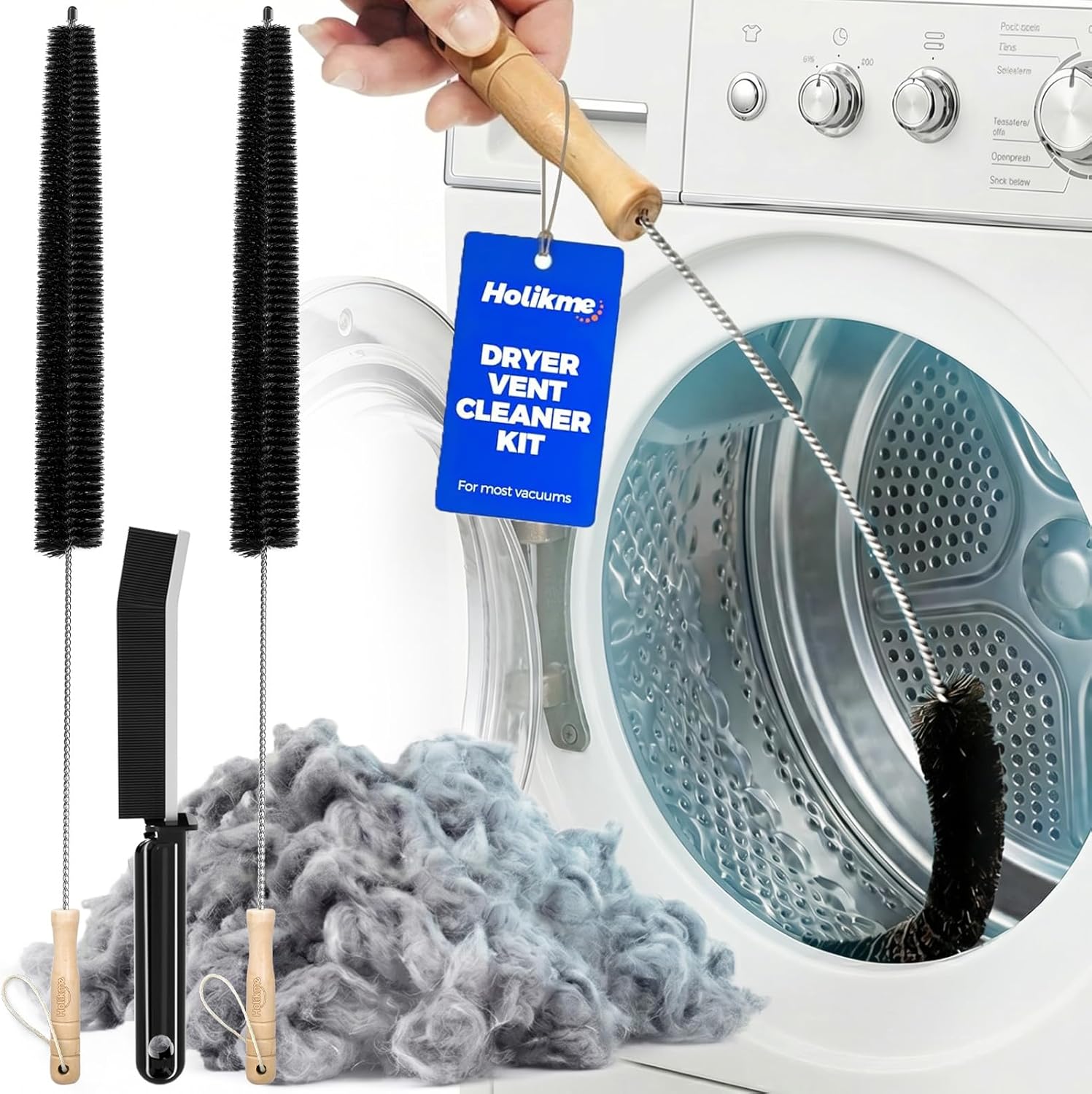 Holikme 3 Pcs Dryer Vent Cleaner Kit, 304 Stainless Steel Replacement Lint Brush for Clothes Dryer Vent Trap, Cleaning Brush &amp; Flexible Crevice Tool