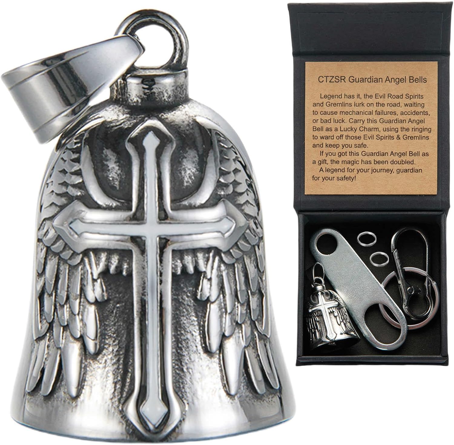 Motorcycle Bell Guardian Angel Charm - Weather-resistant Good Luck Gremlin Bells With Gift Box, Legend Card, Keychain