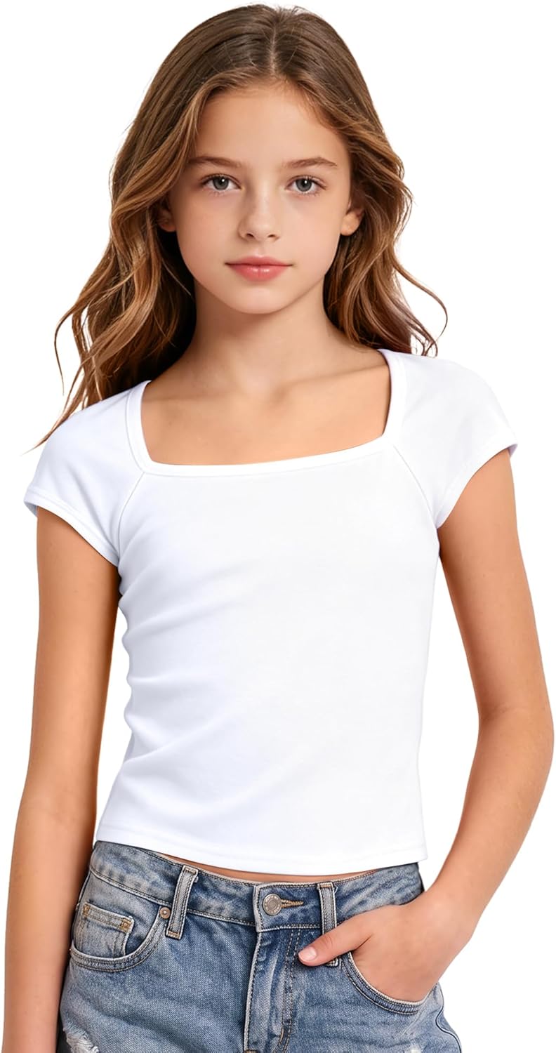 NUMYEAN Crop Tops for Girls Short Sleeve Shirt Girls Summer Tops Square Neck Slim Fit Tops Basic Tee