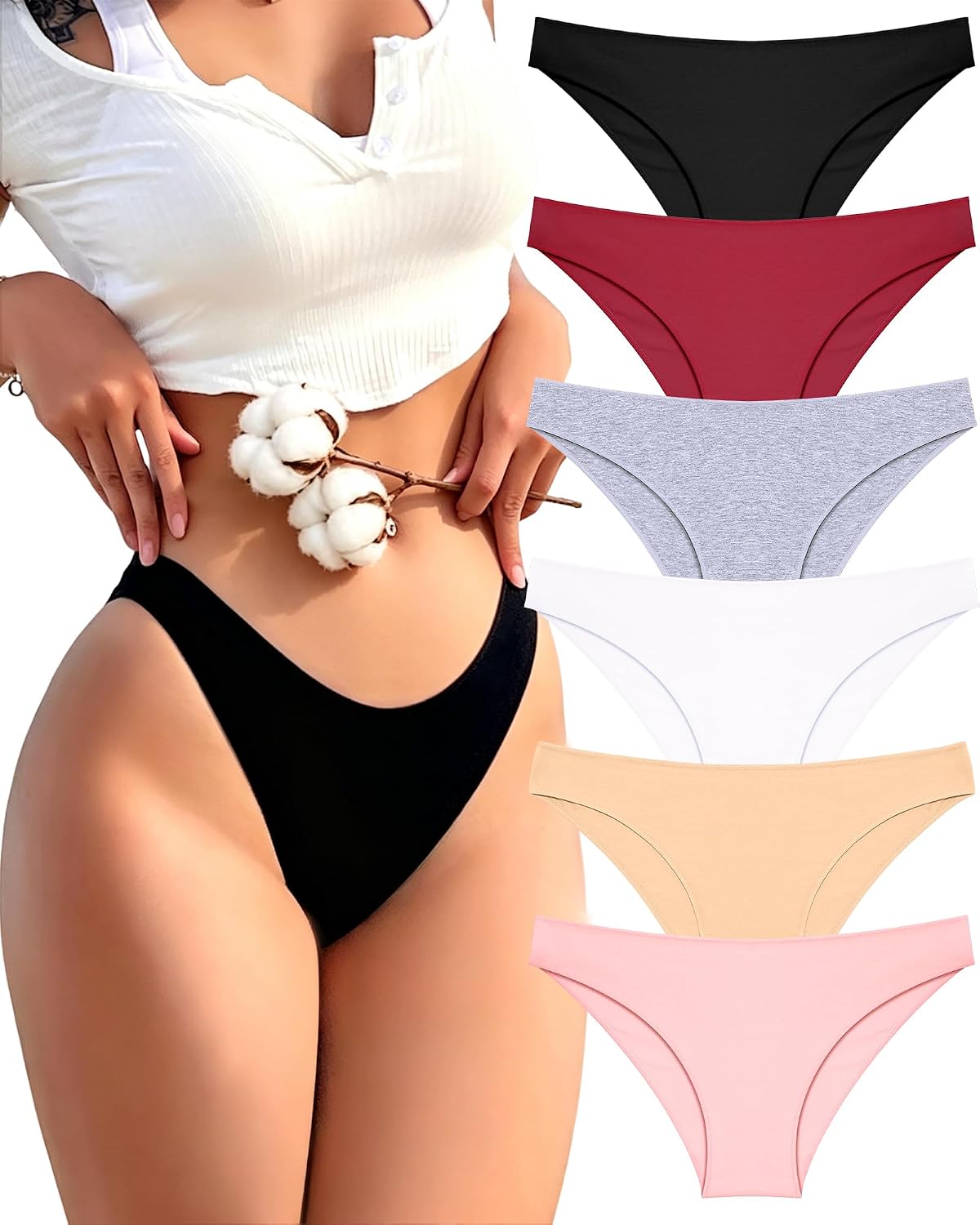 FINETOO 6 Pack Cotton Underwear for Women Cute Low Rise Bikini Panties High Cut Breathable Sexy Hipster Womens Cheeky S-3XL