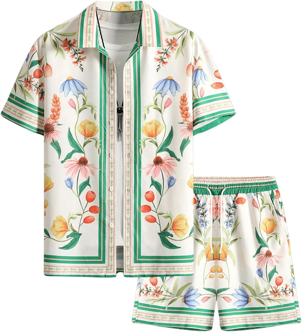 VIPWOLF Men's Floral Short Sleeve Button Down Vacation Shirts and Drawstring Beach Shorts Sets