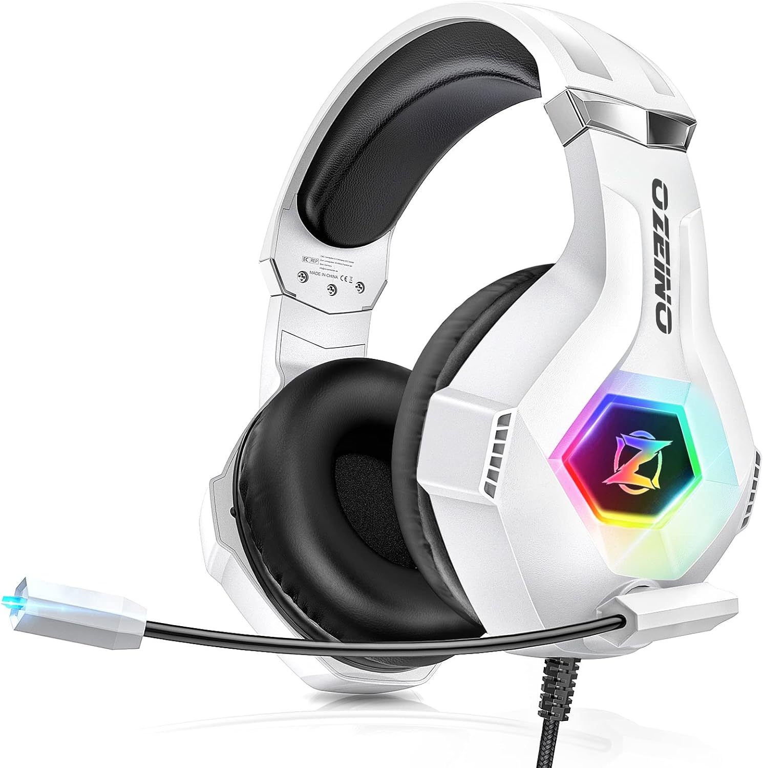 Ozeino Gaming Headset for PC, Ps4, Ps5, Xbox Headset with 7.1 Surround Sound Gaming Headphones with Noise Canceling Mic, LED Light Over Ear Headphones for Switch, Xbox Series X\/S, Laptop, Mobile Whit