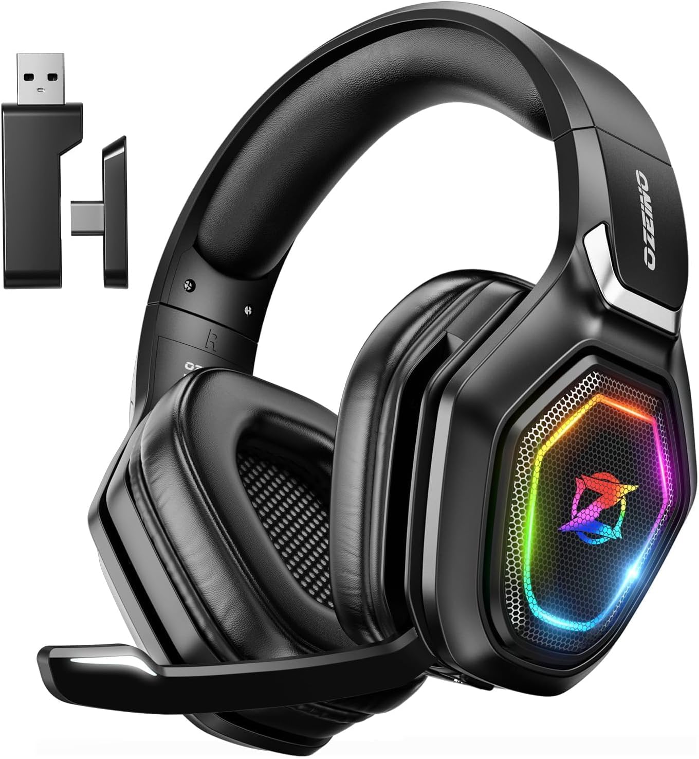 Ozeino Wireless Gaming Headset with Flip Microphone, RGB Lighting Gaming Headphones for PS5, PS4, PC - 2.4GHz USB &amp; Type C Transmitter