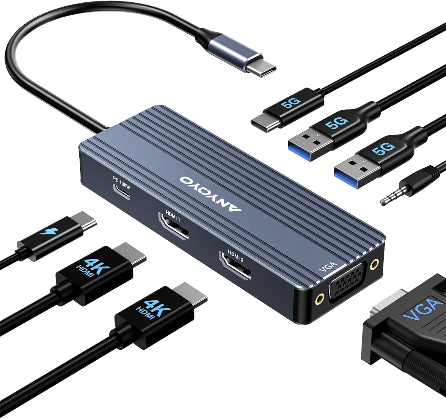 ANYOYO USB C Docking Station Dual HDMI Monitor Adapter 8-in-1 USB C HUB 3 Monitors Adapter with 4K HDMI +VGA +PD100W+Audio Laptop Docking Station for Dell\/Lenovo\/HP\/Samsung\/ASUS (Gary)