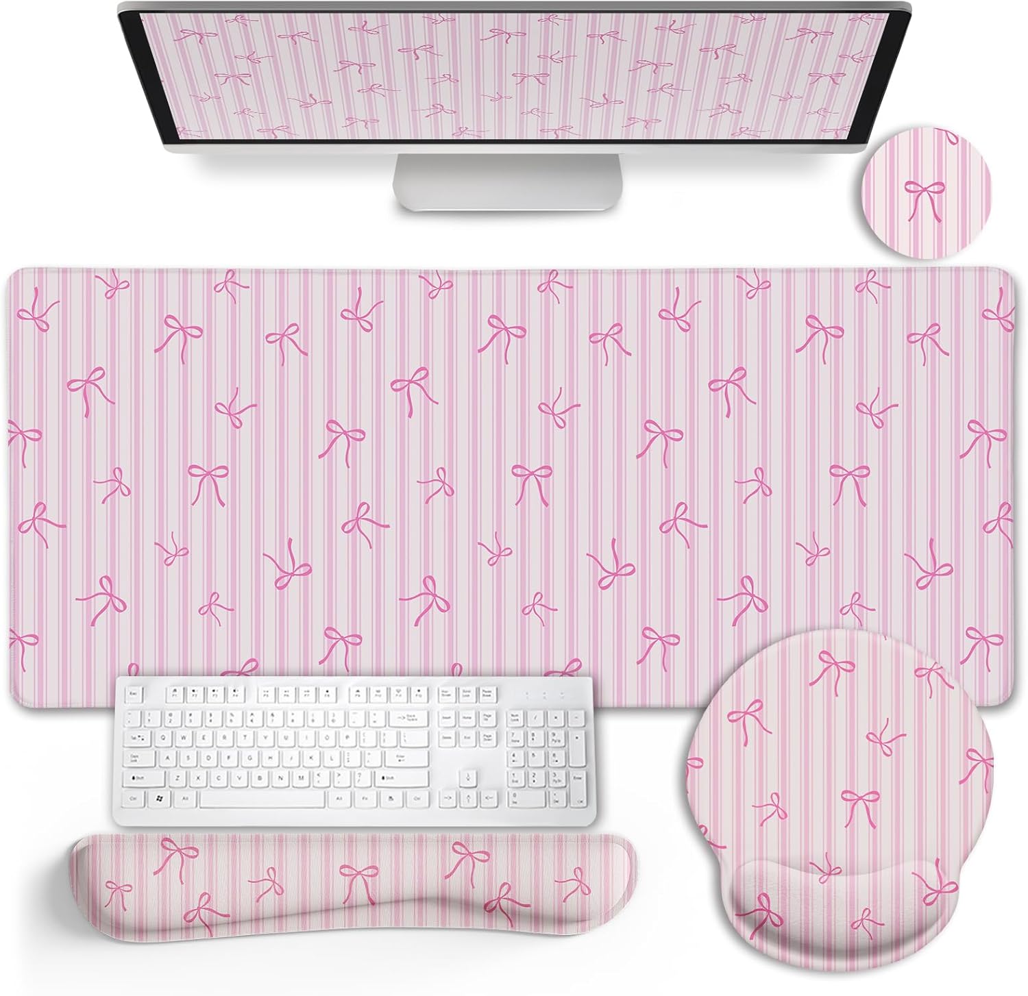 LIMKRIAN Pink Striped Mouse Pad with Wrist Rest Desk Mat Set for Keyboard | Non-Slip PU Base, Stitched Edges, Gel Wrist Rest Eases Pain, Smooth Surface, 35.4x15.7in, Office\/Gaming\/Home Pink Desk Dec