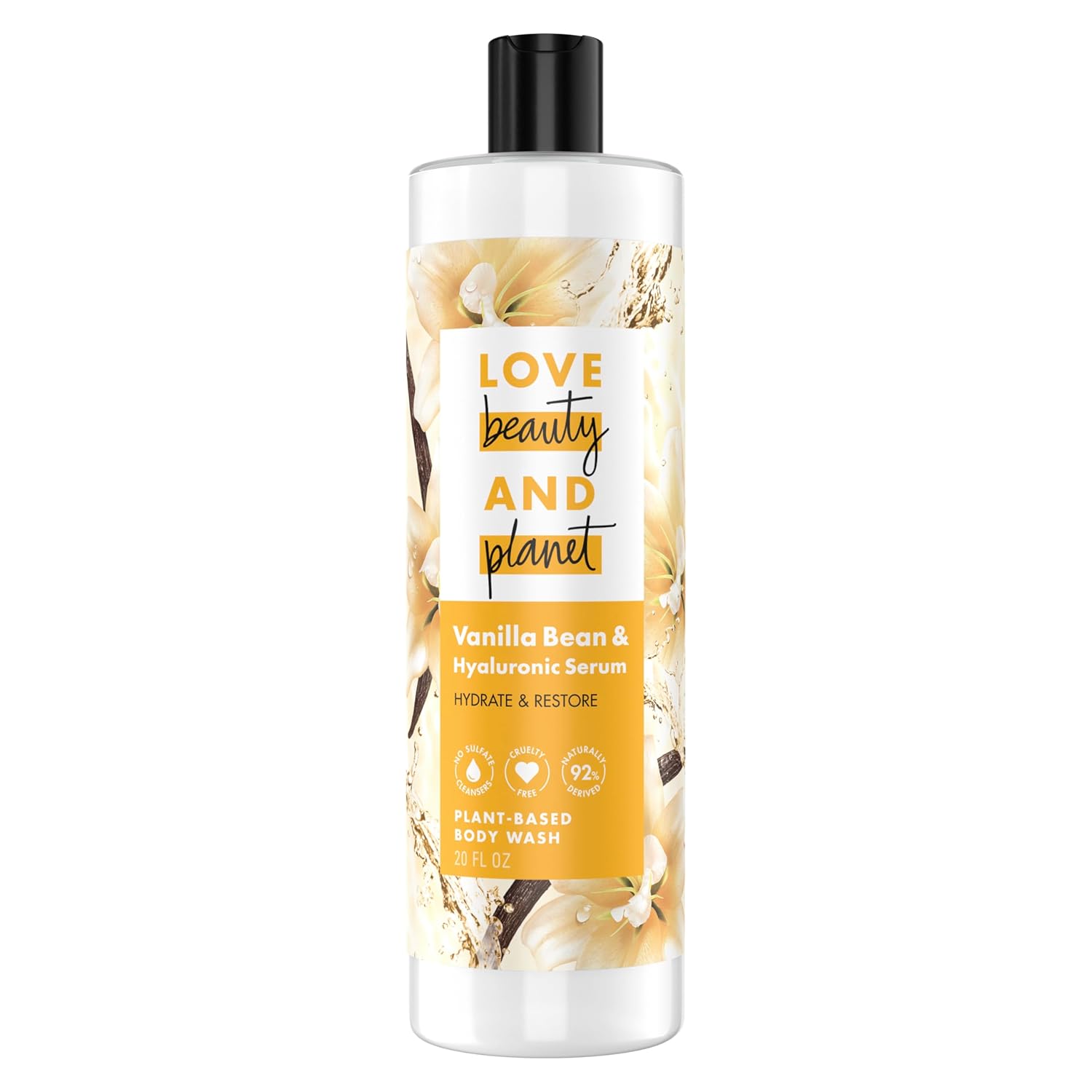 Love Beauty and Planet Plant-Based Body Wash Hydrate &amp; Restore Vanilla Bean &amp; Hyaluronic Serum No Sulfate Cleansers, Cruelty Free, 92% Naturally Derived 20 oz