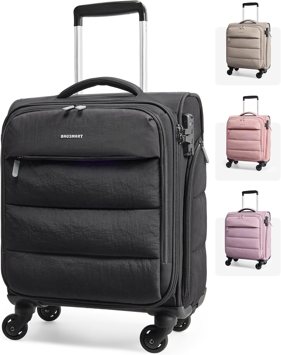 BAGSMART Underseat Carry on Luggage with Wheels, Soft Small Travel Luggage with PVC Wet\/Dry Pockets, Lightweight Soft Personal Item Suitcase for Short Trip, Black