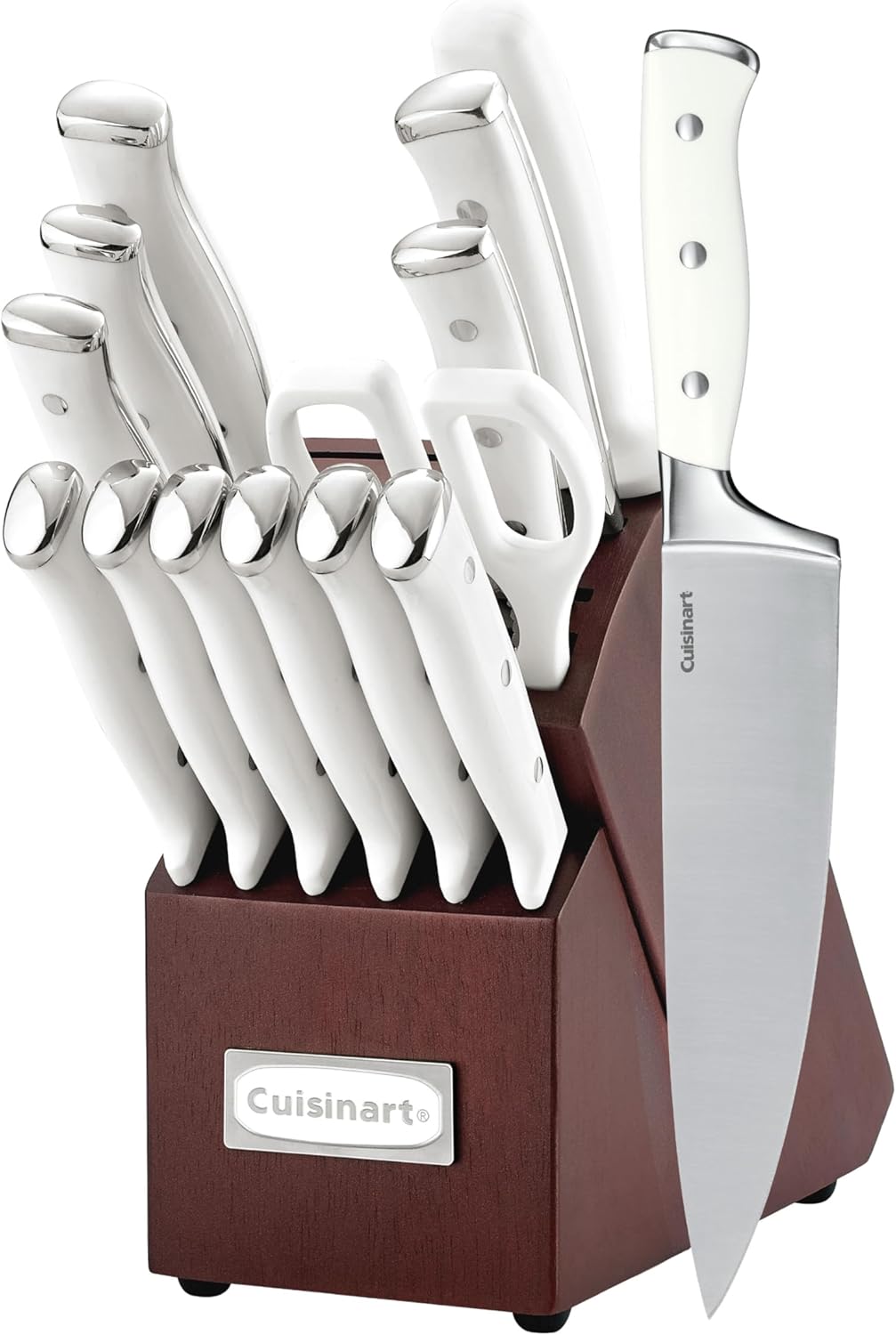 Cuisinart 15-Piece Knife Set with Block, High Carbon Stainless Steel, Forged Triple Rivet, White\/Cherry C77WTR-15PCW
