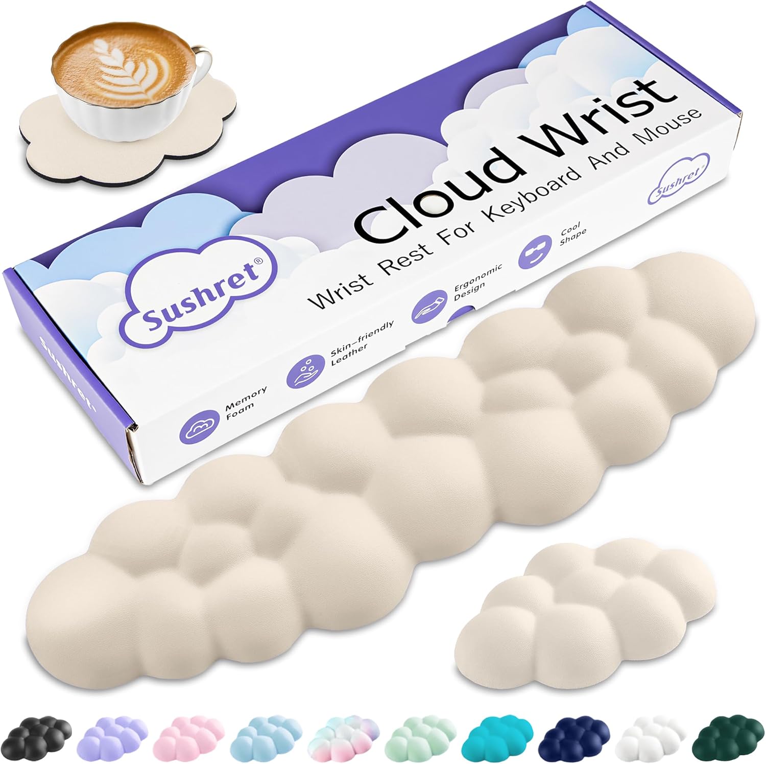 Sushret Cloud Wrist Rest Keyboard, Cloud Keyboard Wrist Pad Set with PU Leather Memory Foam, Cute Arm Rest for Palm Support, PC\/Gaming Desk Accessories\/Office Setup\/Computer Hand Cushion - Beige