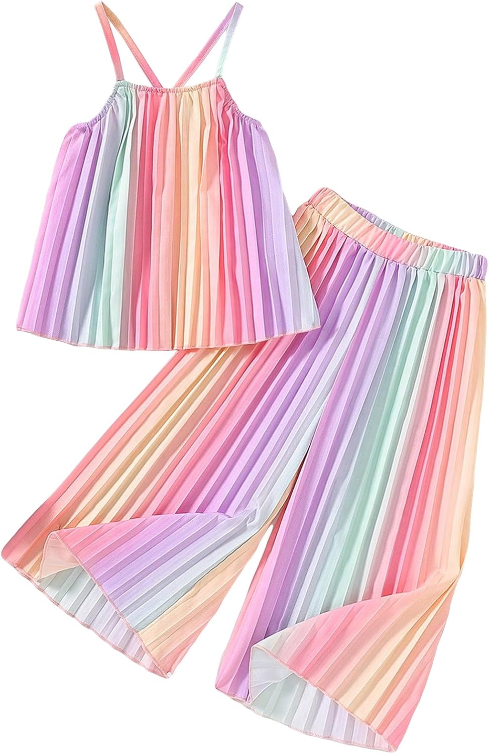 BEAUDRM Girl's 2 Piece Cute Summer Boho Outfits Rainbow Outfit Pleated Spaghetti Strap Crop Top and Wide Leg Pants Sets