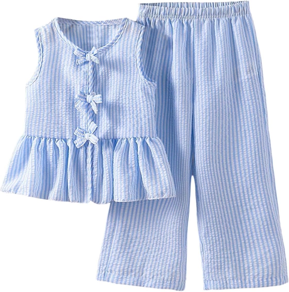 Verdusa Girl's 2 Piece Summer Outfits Bow Striped Ruffle Peplum Tank Top and Wide Leg Pants Cute Clothing Sets