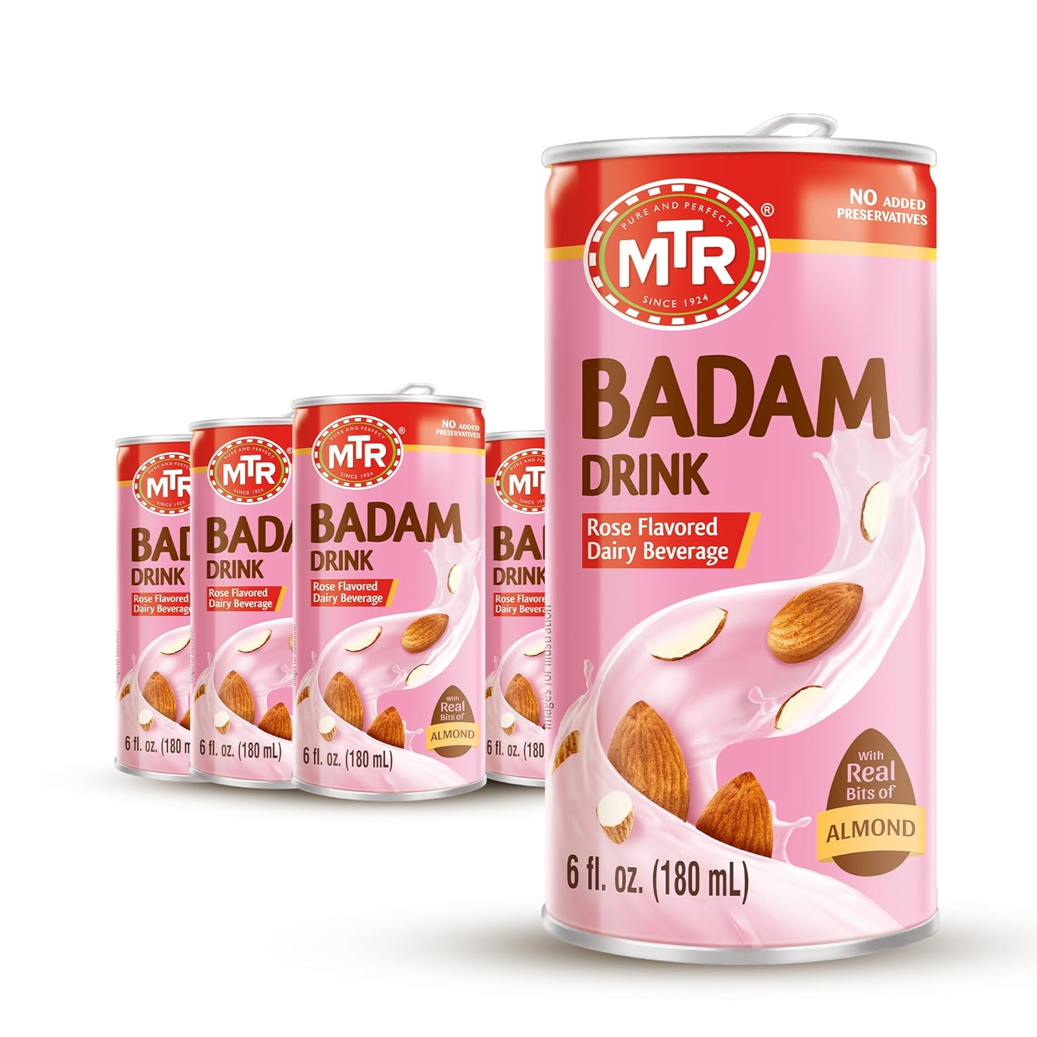 MTR Badam Drink Almond Milk - Rose Flavored Ready-to-Drink Authentic Indian Almond Beverage with Almond Chunks, Gluten-Free, No Preservatives or Artificial Flavors, Pure Refreshing Drink - Pack of 6