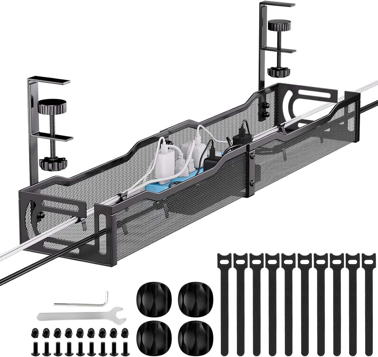 Mzmaxy Cable Management, 25'' Cable Management Under Desk No Drill, Metal Cord Organizer with Clamp for Standing Desk, Cable Organizer for Home Office, Black