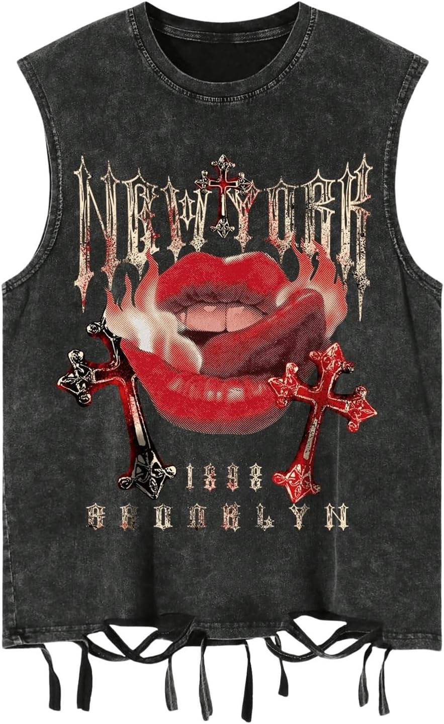 Verdusa Men's Graphic Tees Y2k Grunge Hippie Tee Distressed Summer Shirt Sreetwear Sleeveless Tank Top