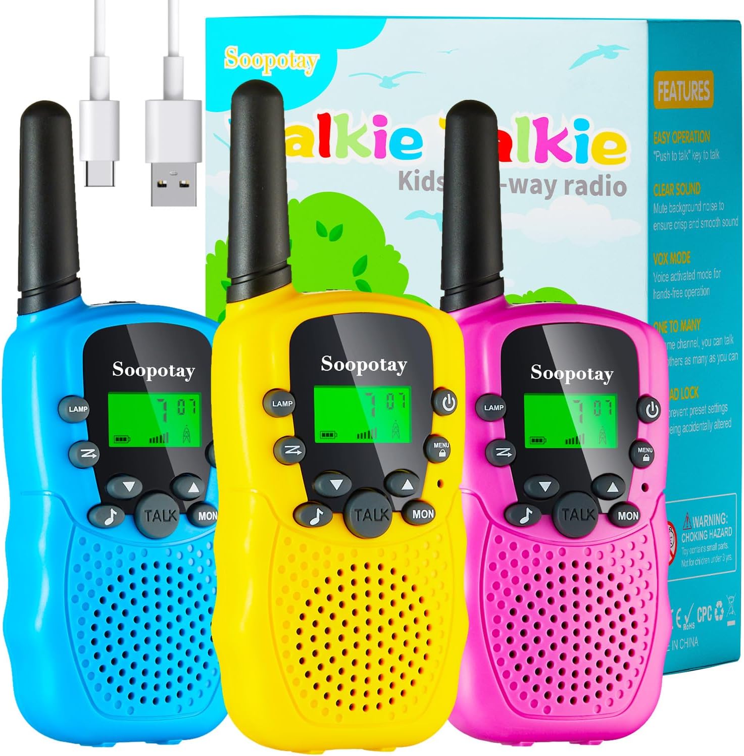 Rechargeable Walkie Talkies for Kids 3 Pack, Walkie Talkie Toys for Girls Boys, Outdoor Toys\/Outside Camping Games for Kids Age 4-8-12, Birthday Gifts for 4 5 6 7 8 9 10 Year Old