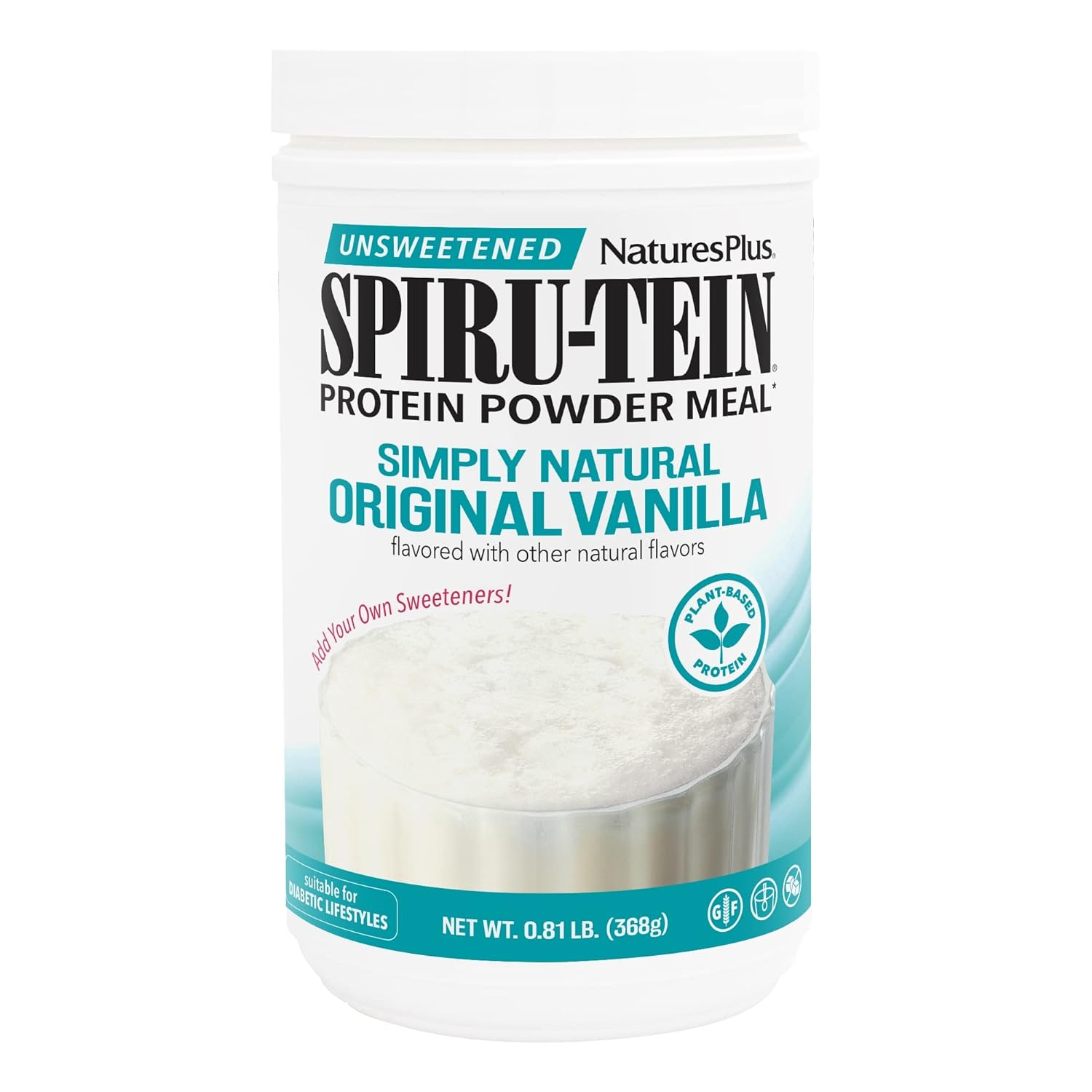 NaturesPlus SPIRU-TEIN Simply Natural, Original Vanilla - 0.81 lb - Unsweetened Plant-Based Protein Shake - Non-GMO, Vegetarian, Gluten Free - 16 Total Servings